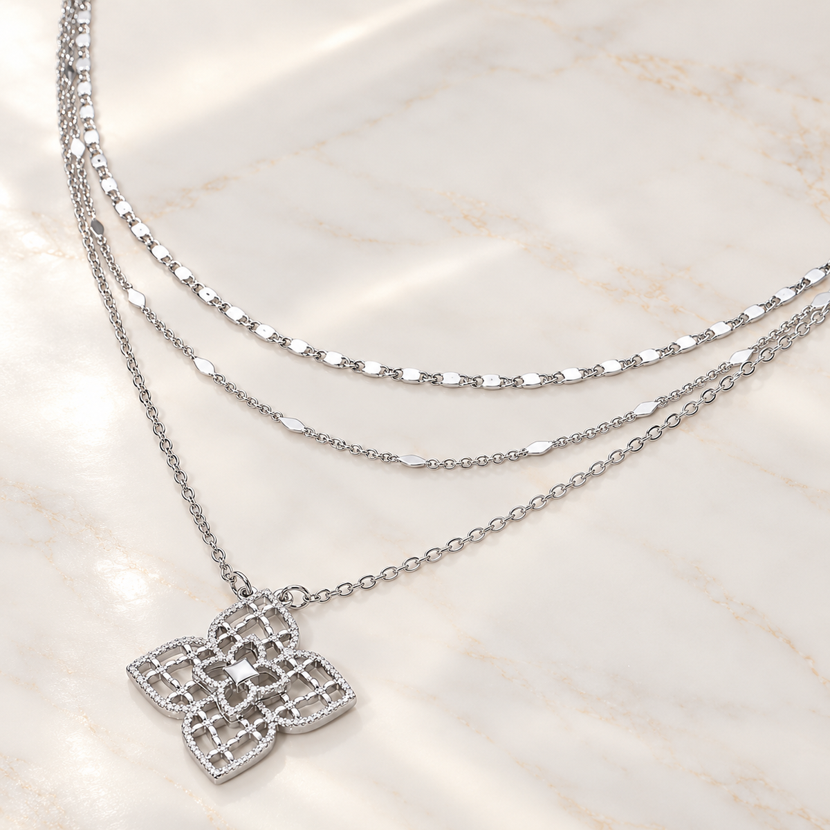 Clover Floral Pendant Triple Layered Chain Necklace