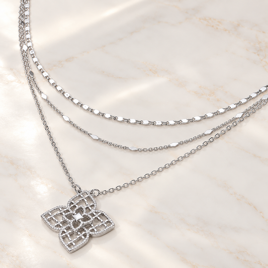 Clover Floral Pendant Triple Layered Chain Necklace