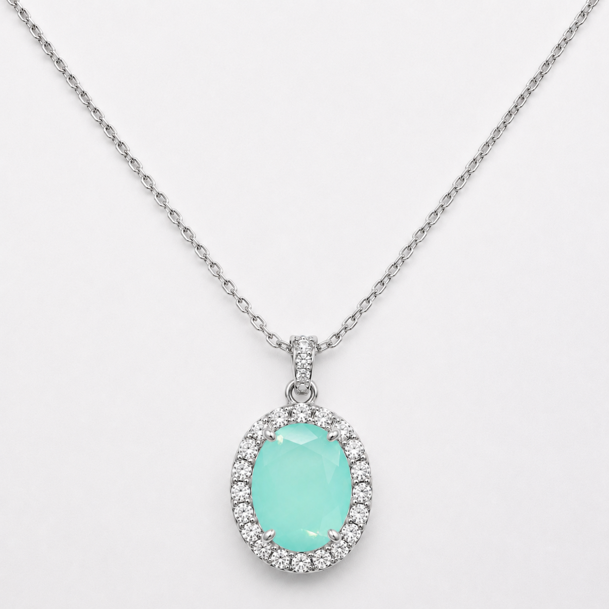 Milky Aqua Oval Halo Necklace (Choose your plating)