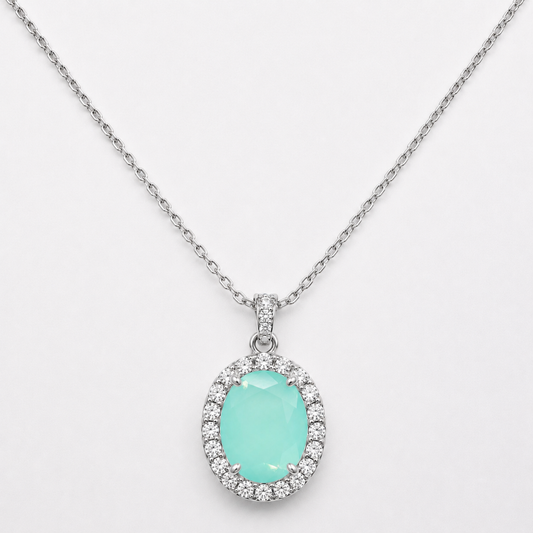 Milky Aqua Oval Halo Necklace (Choose your plating)