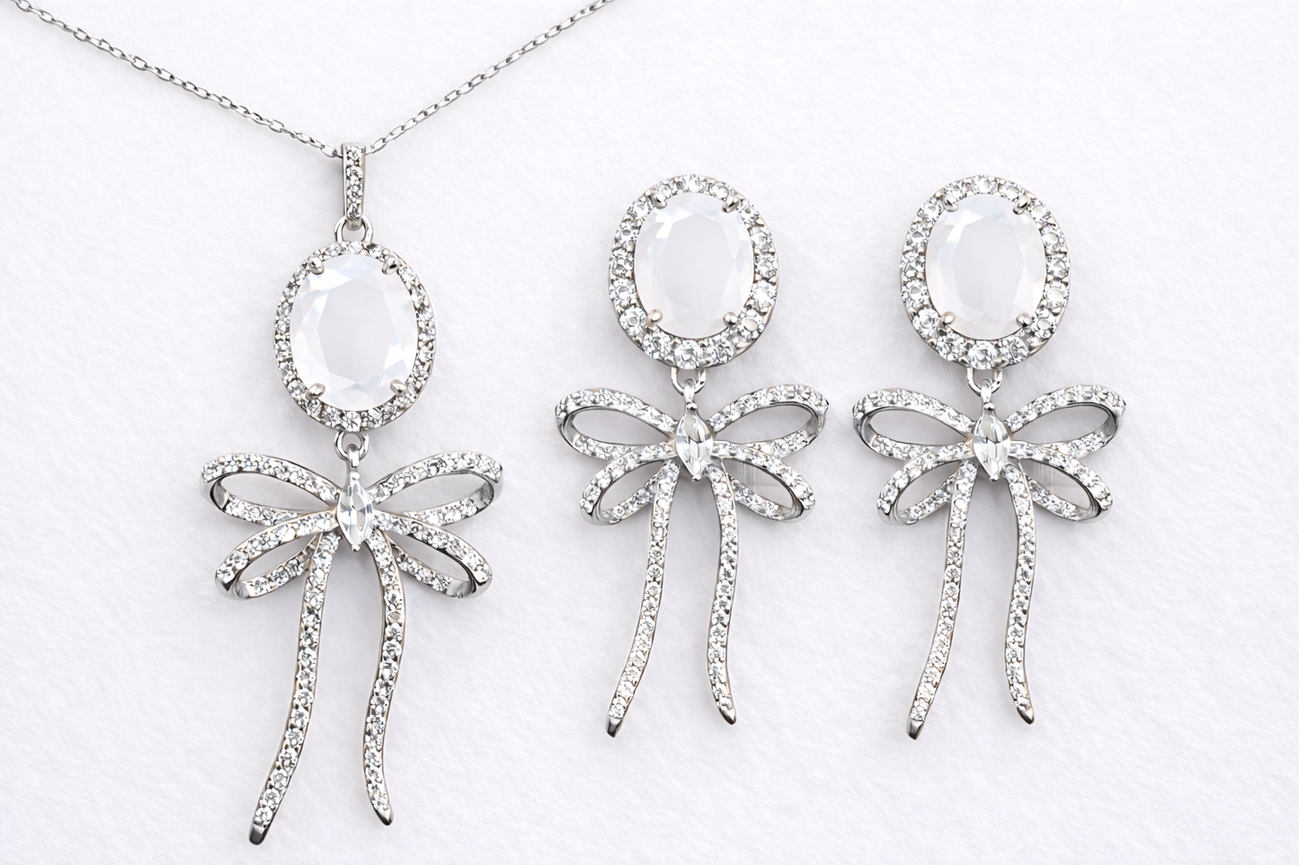 Milky White Crystal Halo Bow Tie Necklace & Earring Set (Rose Gold or Rhodium)
