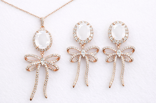 Milky White Crystal Halo Bow Tie Necklace & Earring Set (Rose Gold or Rhodium)