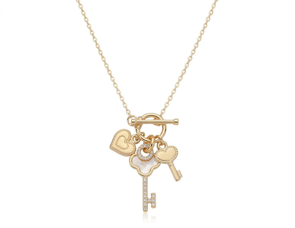 Mother of Pearl Inspired Key & Heart Charm Toggle Necklace