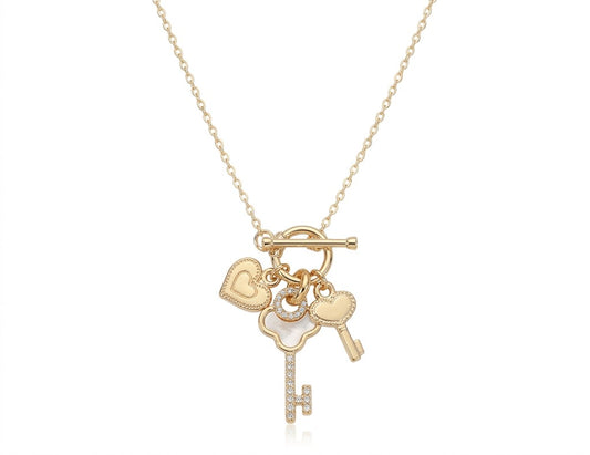 Mother of Pearl Inspired Key & Heart Charm Toggle Necklace