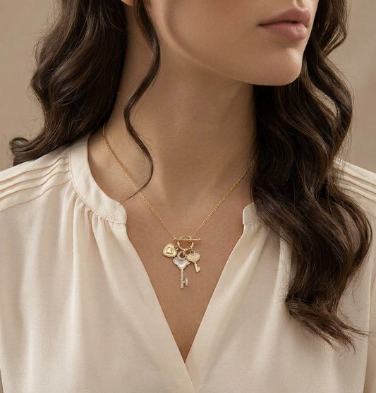 Mother of Pearl Inspired Key & Heart Charm Toggle Necklace