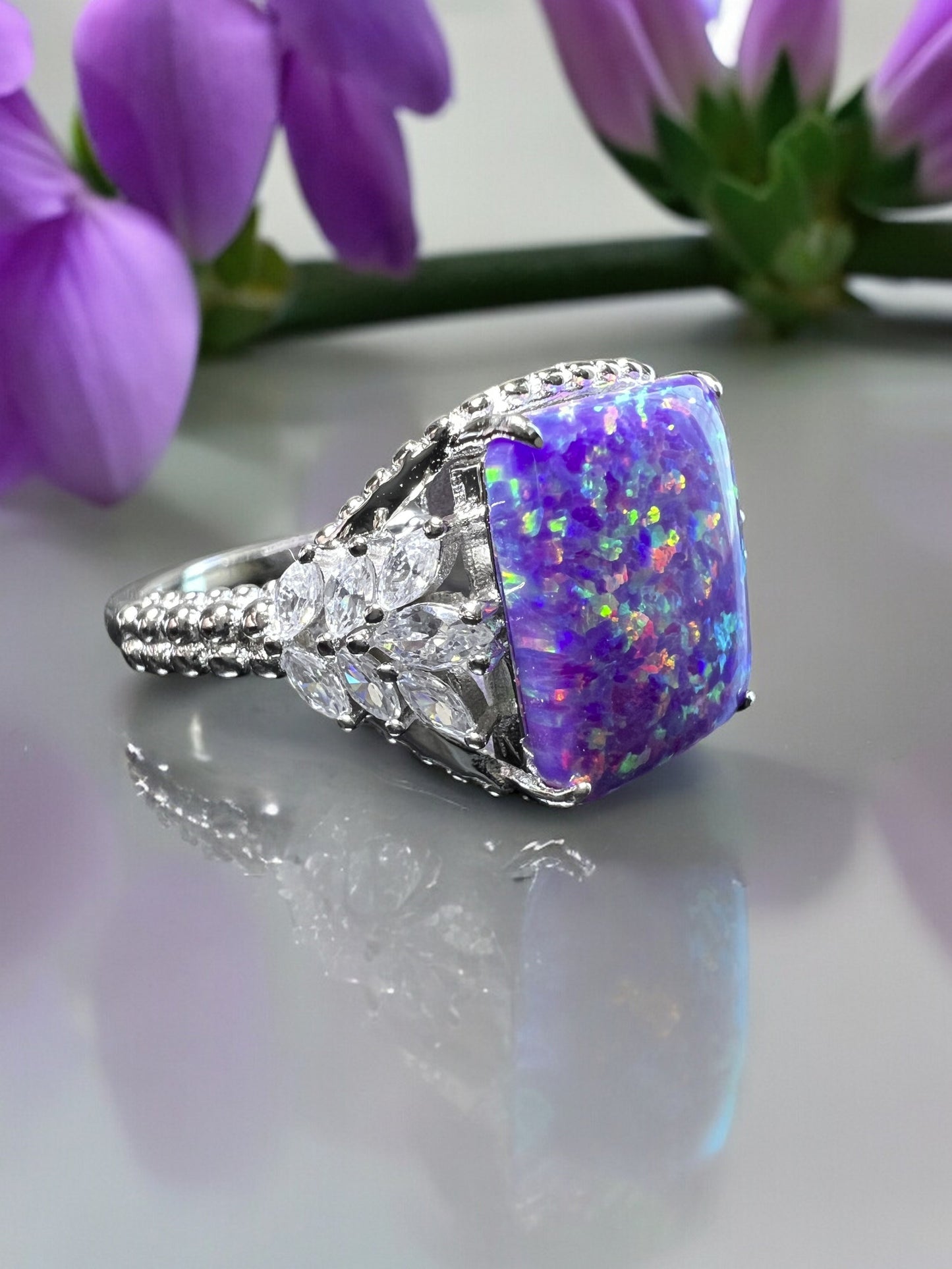 Multi Lavender Fire Opal & CZ Beaded Shank 925 Sterling Silver Ring