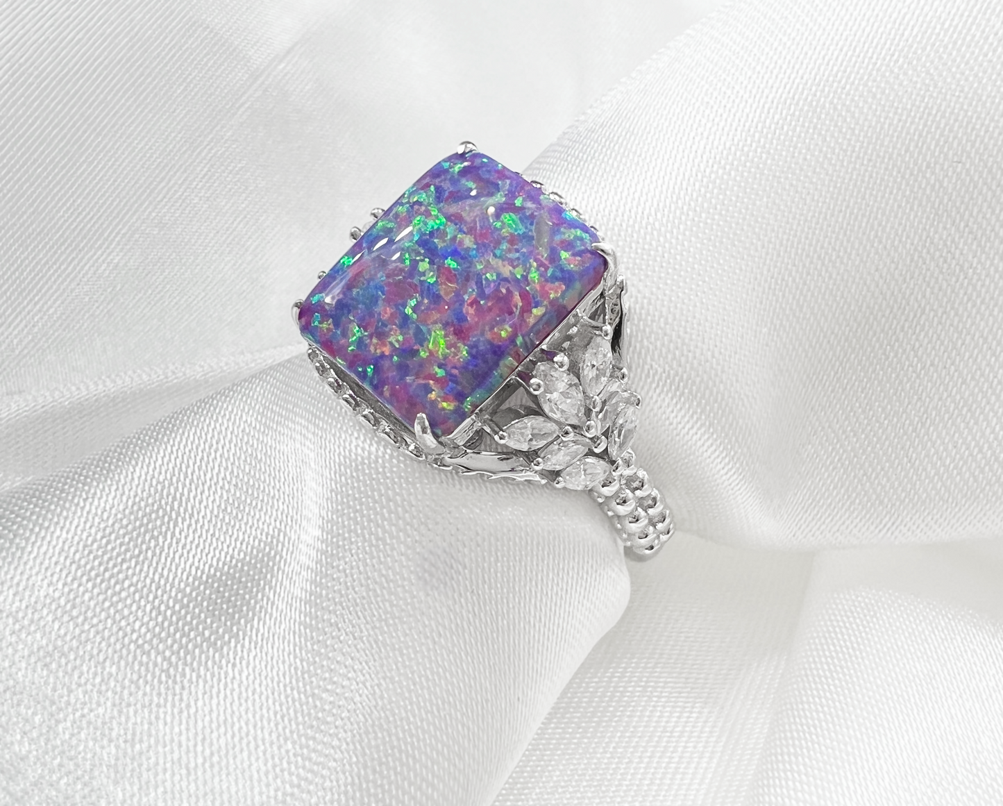 Multi Lavender Fire Opal & CZ Beaded Shank 925 Sterling Silver Ring