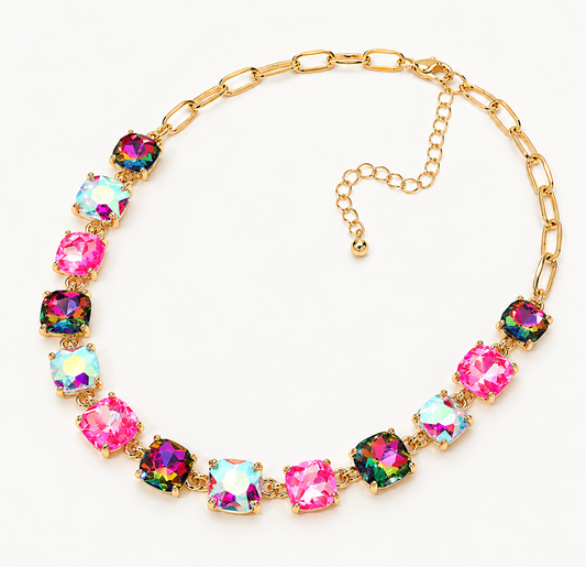 Kaleidoscope Cushion-Cut Statement Necklace - Durable Zinc Steel Design
