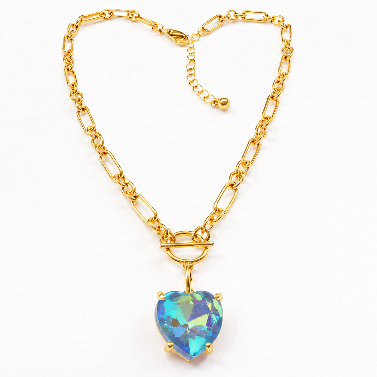 Ocean Blue Heart Crystal Chain Link Necklace - Durable Zinc Steel Design