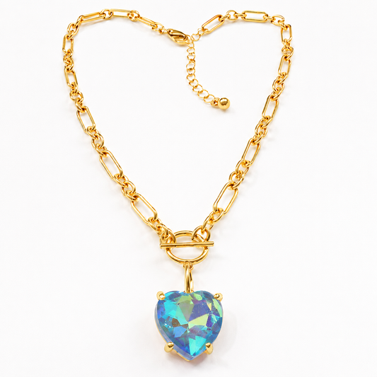 Ocean Blue Heart Crystal Chain Link Necklace - Durable Zinc Steel Design