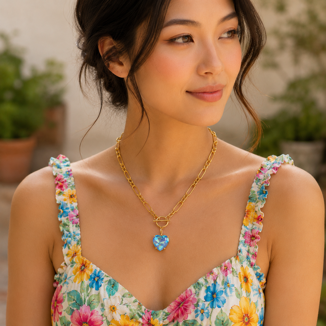 Ocean Blue Heart Crystal Chain Link Necklace - Durable Zinc Steel Design