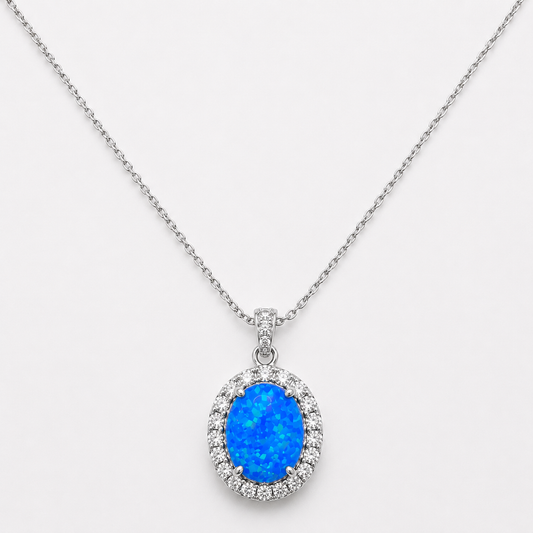 Oval Cut Blue Fire Opal Halo Pendant Necklace (Rhodium or Rose Gold)