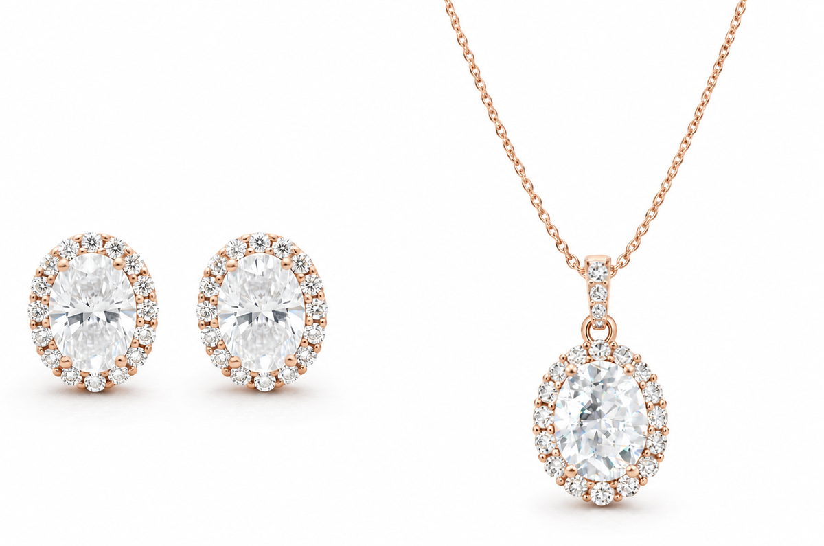 Oval Cut Diamond CZ Necklace & Earrings Jewelry Set (Rhodium or Rose Gold)