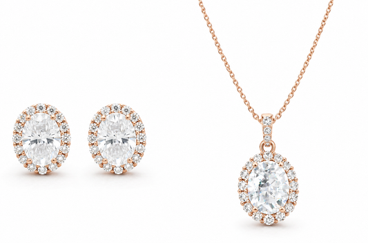Oval Cut Diamond CZ Necklace & Earrings Jewelry Set (Rhodium or Rose Gold)