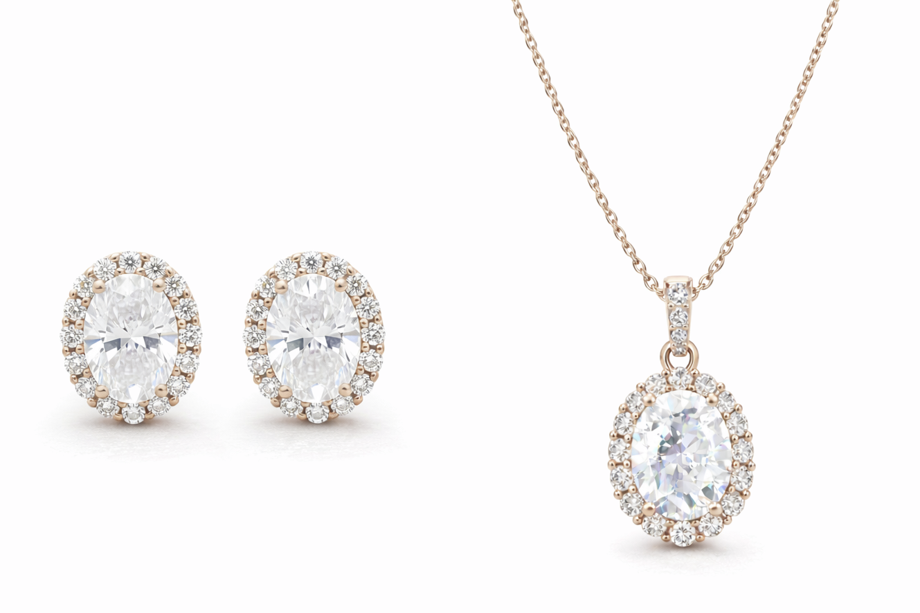Oval Cut Diamond CZ Neclace & Earrings Jewelry Set (Rhodium or Rose Gold)