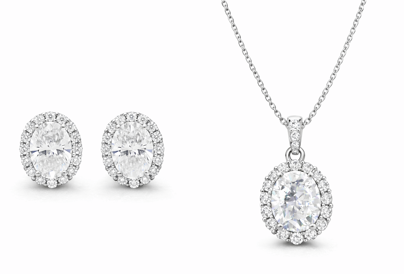Oval Cut Diamond CZ Neclace & Earrings Jewelry Set (Rhodium or Rose Gold)