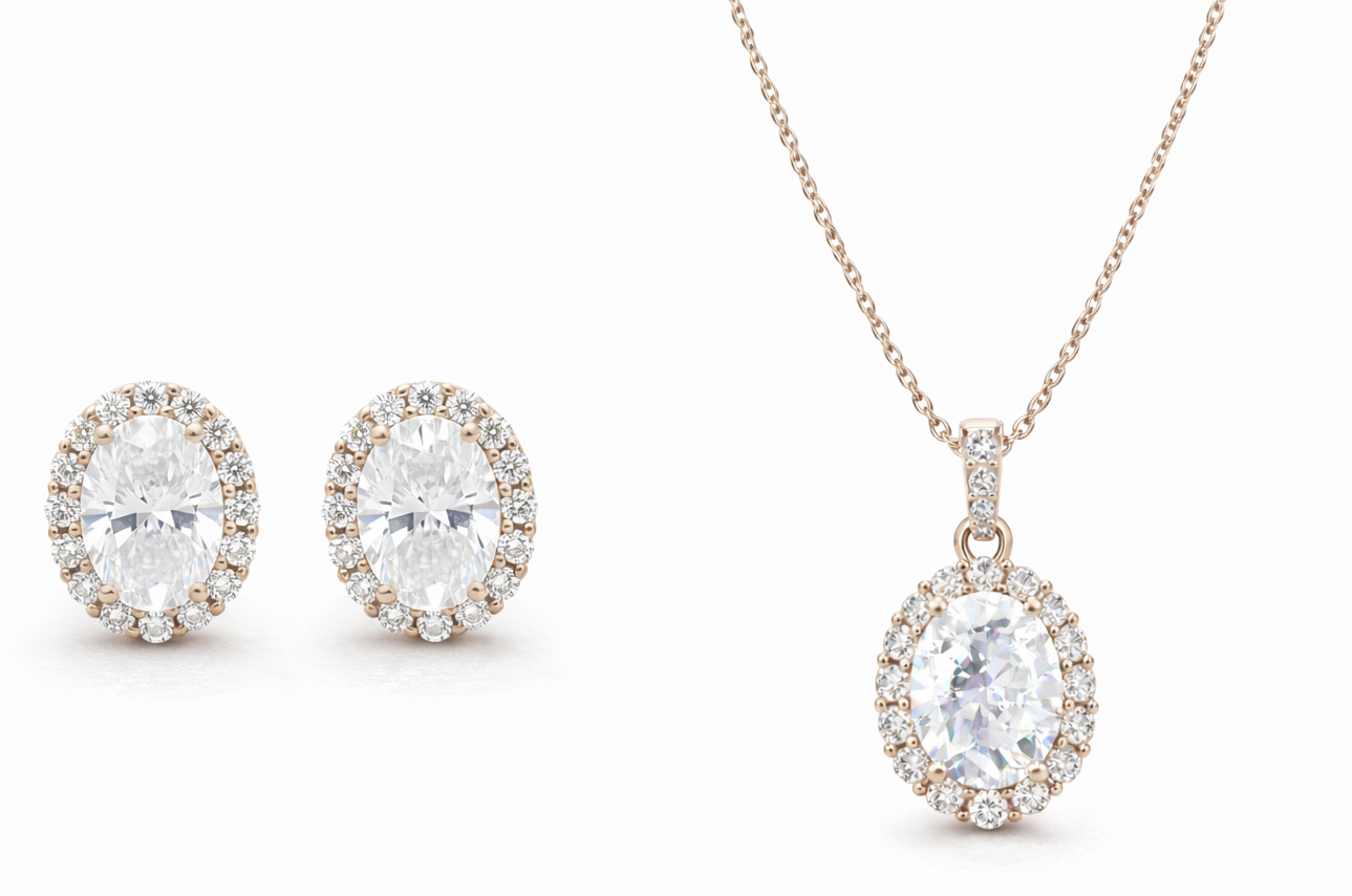 Oval Cut Diamond CZ Neclace & Earrings Jewelry Set (Rhodium or Rose Gold)