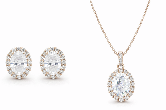 Oval Cut Diamond CZ Neclace & Earrings Jewelry Set (Rhodium or Rose Gold)