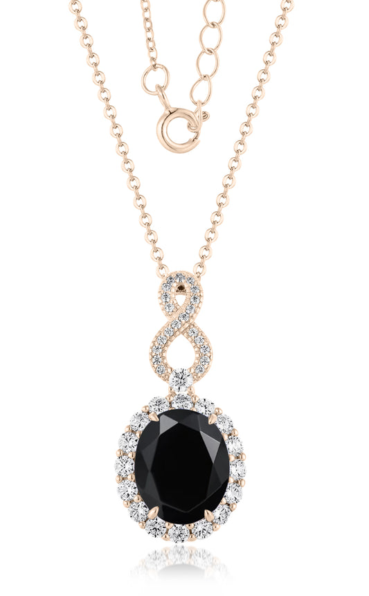 Oval Cut Halo Black Onyx Infinity Necklace in 925 Sterling Silver on Rose Gold