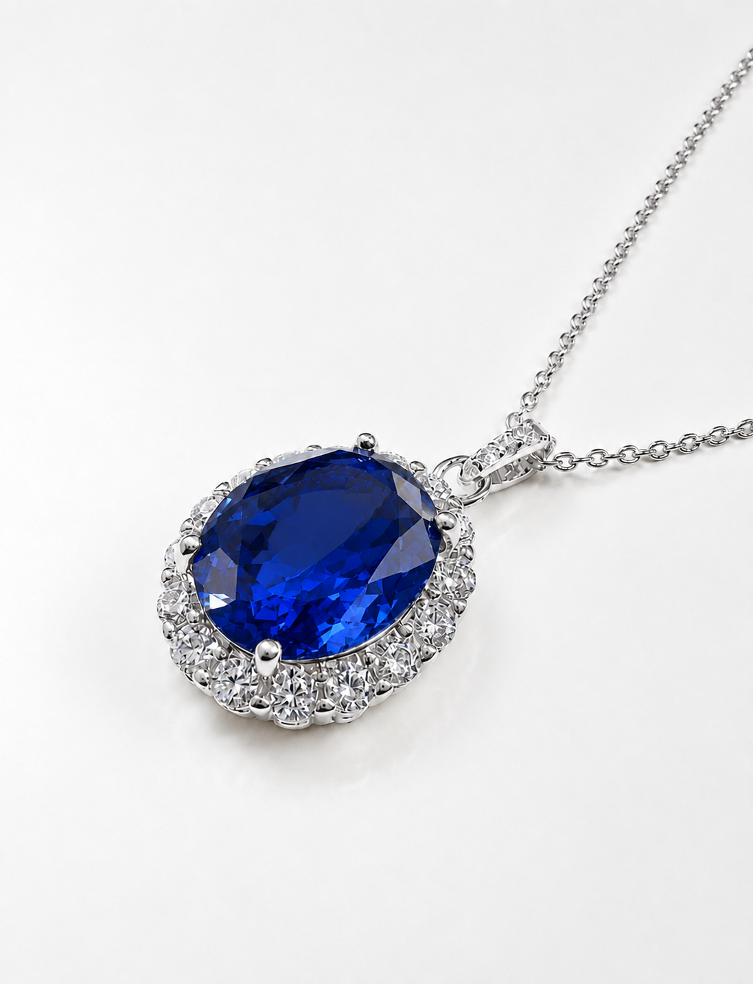 Oval Cut Halo Sapphire Blue CZ Necklace (Rhodium or Rose Gold)