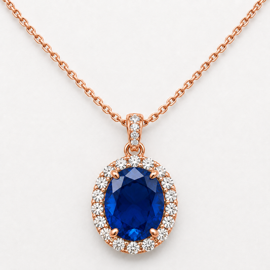 Oval Cut Halo Sapphire Blue CZ Necklace (Rhodium or Rose Gold)