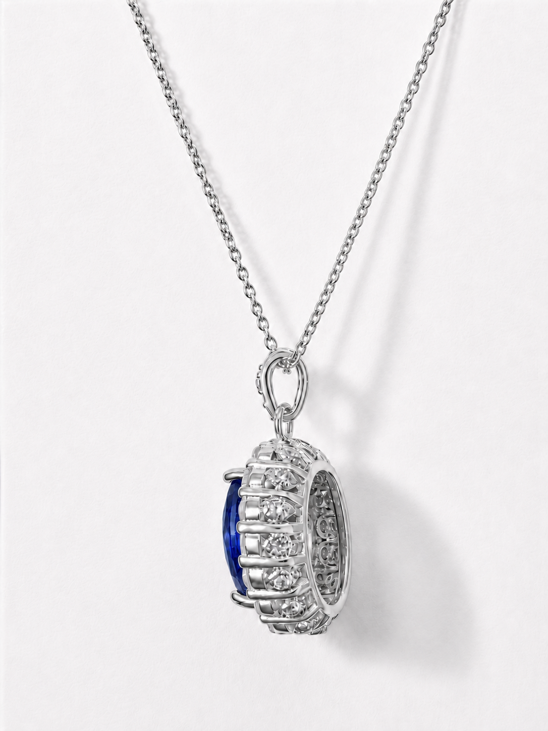 Oval Cut Halo Sapphire Blue CZ Necklace (Rhodium or Rose Gold)