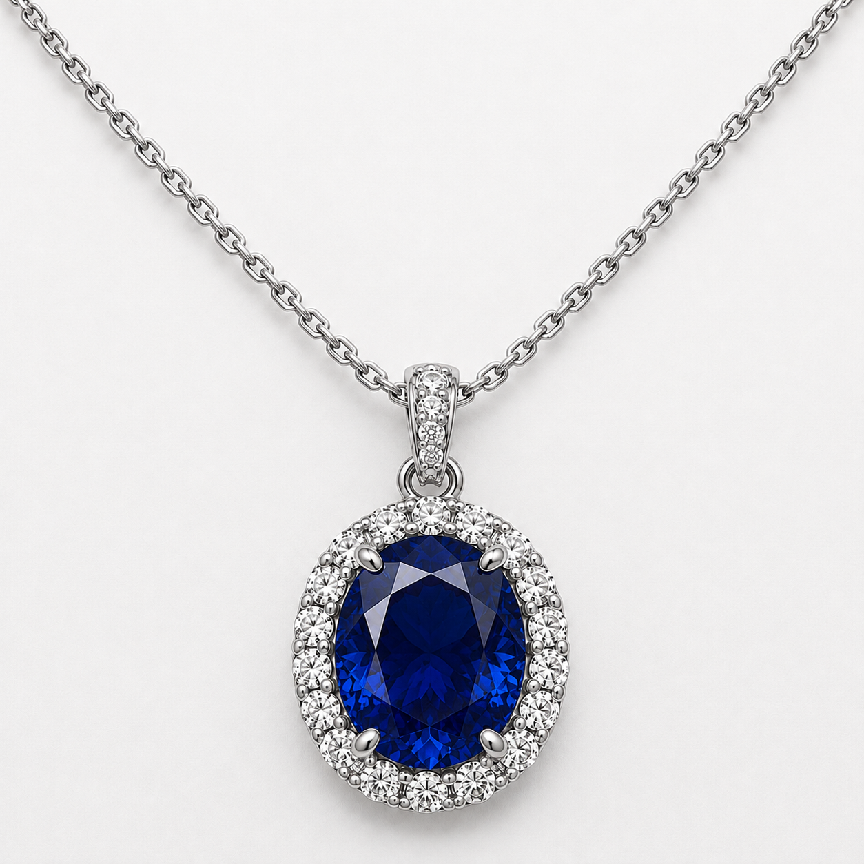 Oval Cut Halo Sapphire Blue CZ Necklace (Rhodium or Rose Gold)