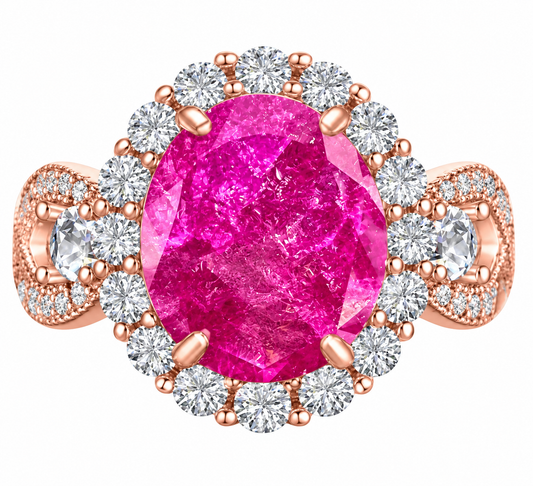 Oval Cut Hot Pink Ice & Diamond CZ Ring