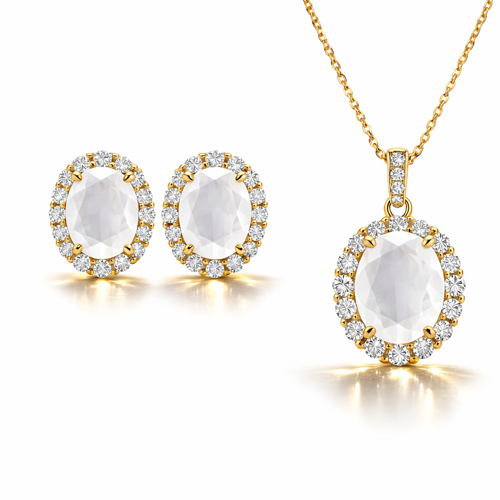 Oval Cut Milky White Crystal Neclace & Earrings Jewelry Set (Choose your plating)