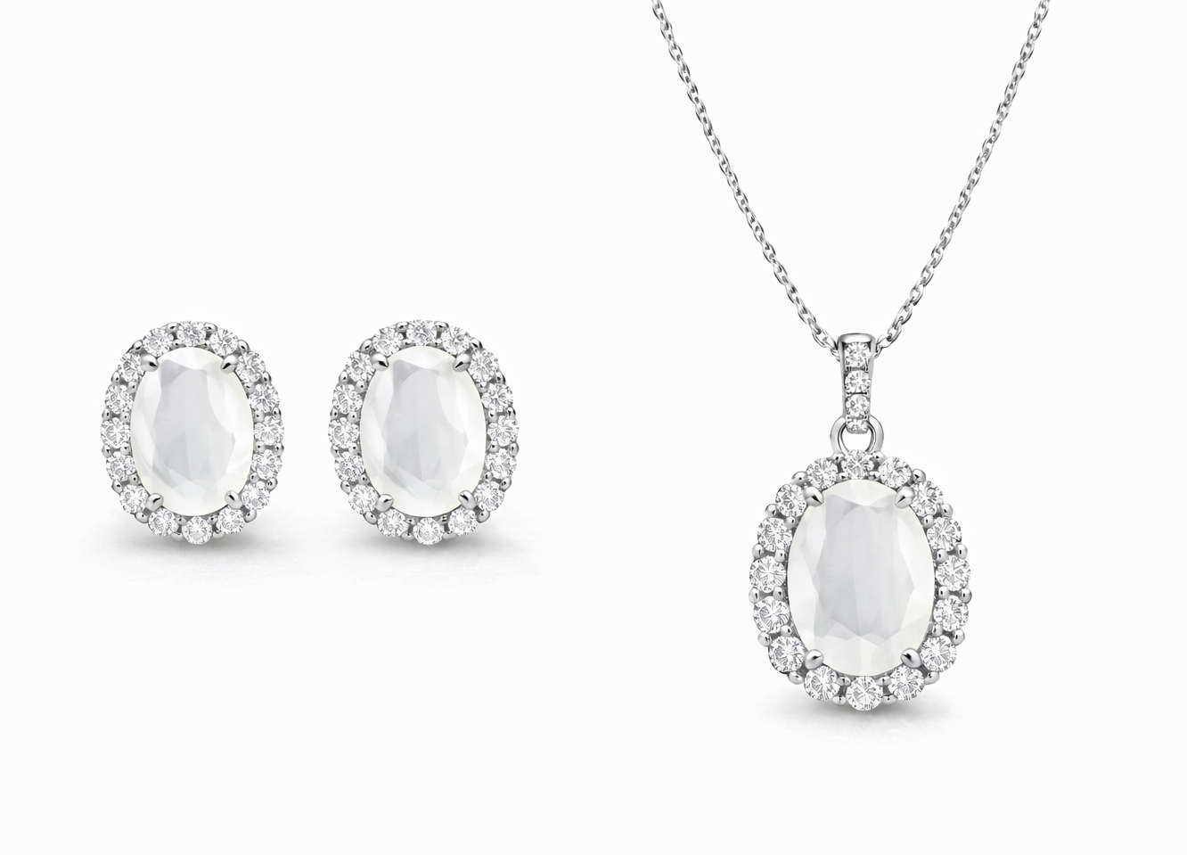 Oval Cut Milky White Crystal Neclace & Earrings Jewelry Set (Choose your plating)