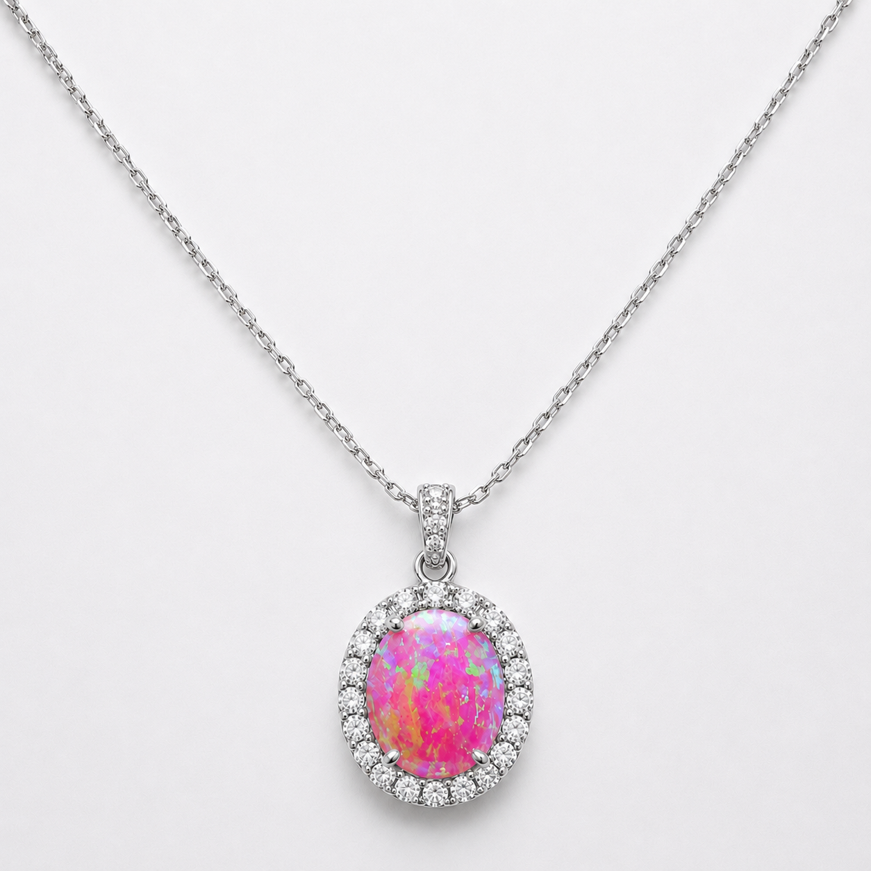 Oval Cut Pink Fire Opal Halo Pendant Necklace (Rhodium or Rose Gold)