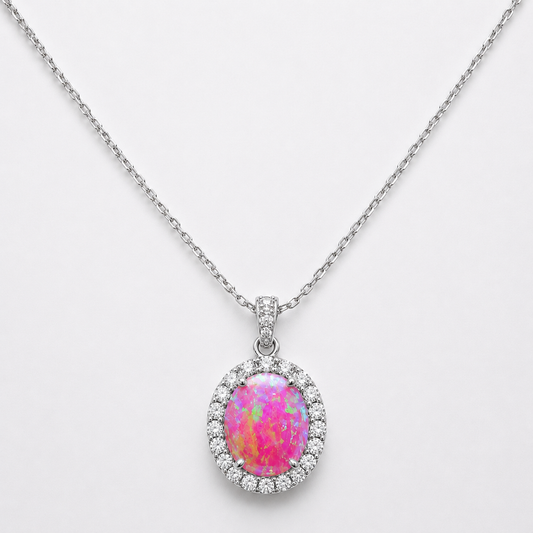 Oval Cut Pink Fire Opal Halo Pendant Necklace (Rhodium or Rose Gold)