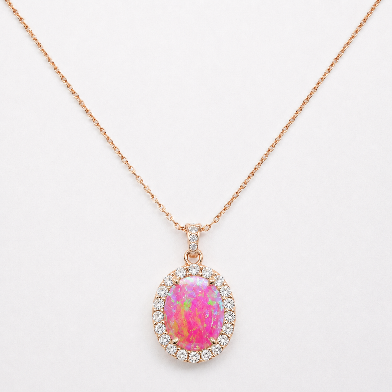 Oval Cut Pink Fire Opal Halo Pendant Necklace (Rhodium or Rose Gold)