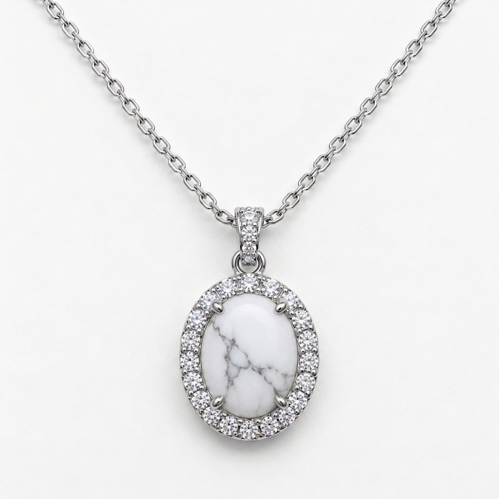 Genuine White Howlite Oval Halo Necklace (Choose your plating)