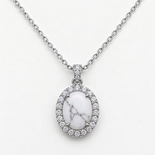 Genuine White Howlite Oval Halo Necklace (Choose your plating)