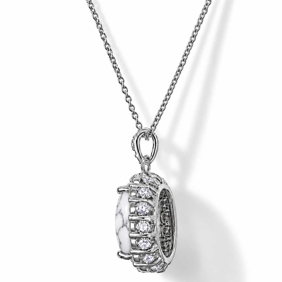 Genuine White Howlite Oval Halo Necklace (Choose your plating)
