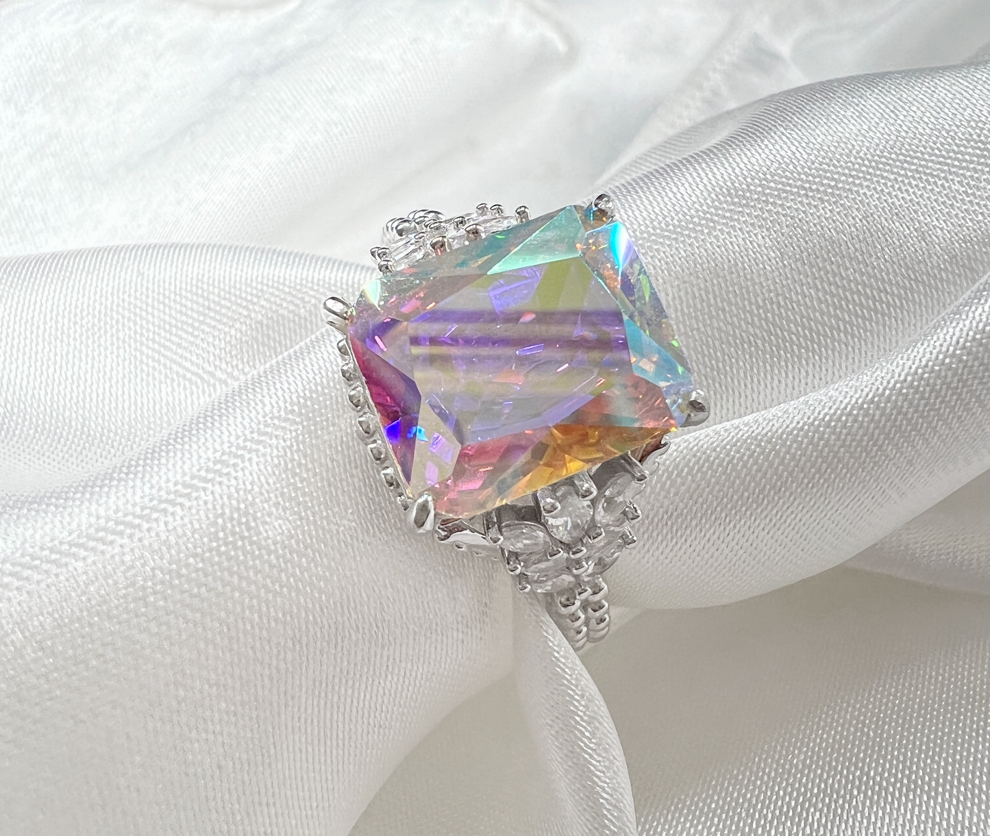 925 Sterling Silver AB CZ (Aurora Borealis) Beaded Shank Ring