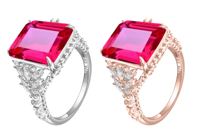 *PRE-ORDER - 925 Sterling Silver Emerald-Cut Rose Corundum CZ Beaded Shank Ring