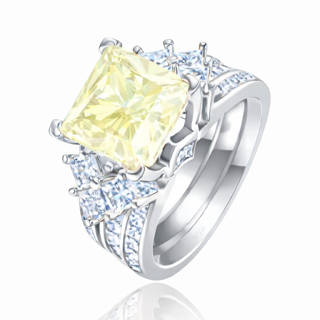 *PRE-ORDER - 925 Sterling Silver Princess Cut, Tri-Band Lemon Yellow CZ Ring ( Choose your plating)