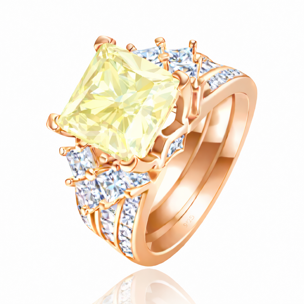 *PRE-ORDER - 925 Sterling Silver Princess Cut, Tri-Band Lemon Yellow CZ Ring ( Choose your plating)