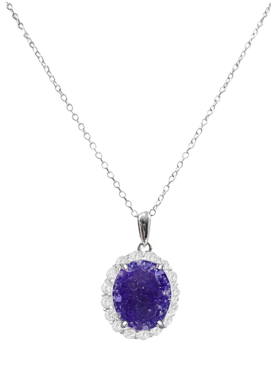 925 Sterling Silver Oval Cut Dark Amethyst Ice CZ Halo Pendant Necklace