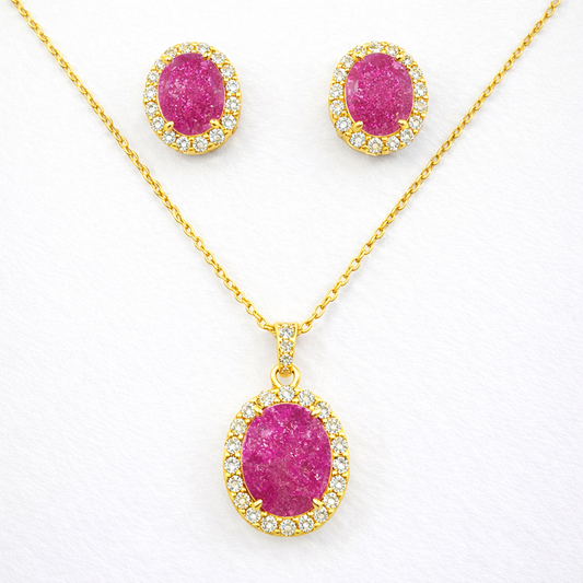 PRE-ORDER - 925 Sterling Silver Oval Cut Hot Pink Ice Crystal Necklace & Earrings Set
