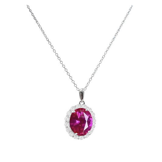 925 Sterling Silver Oval Cut Rose Corundum Halo Pendant Necklace