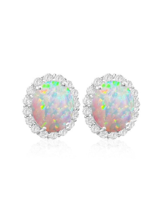 *PRE-ORDER - 925 Sterling Silver Oval Halo White Fire Opal Stud Earrings