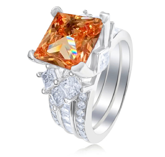925 Sterling Silver Princess Cut, Champagne Diamond CZ Tri-Band Ring