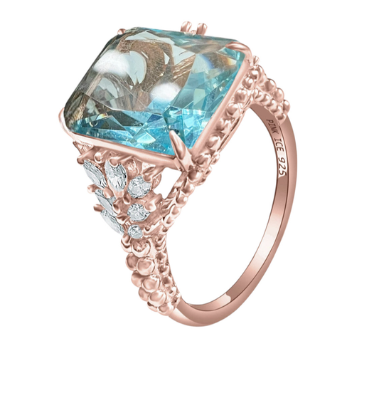 925 Sterling Silver Sea Foam Crystal Beaded Shank Ring on Rose Gold
