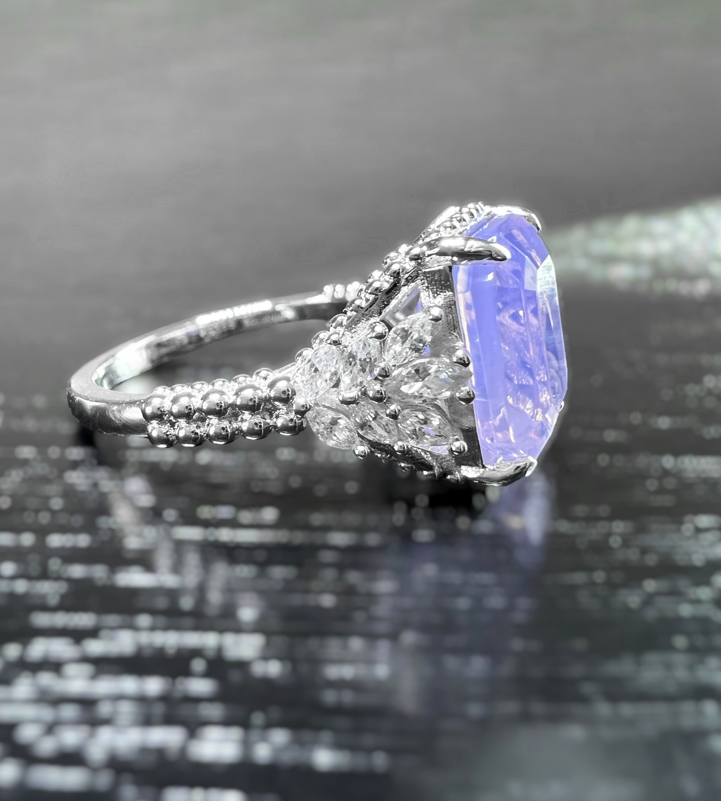 925 Sterling Silver Pink Moonstone Beaded Shank Ring