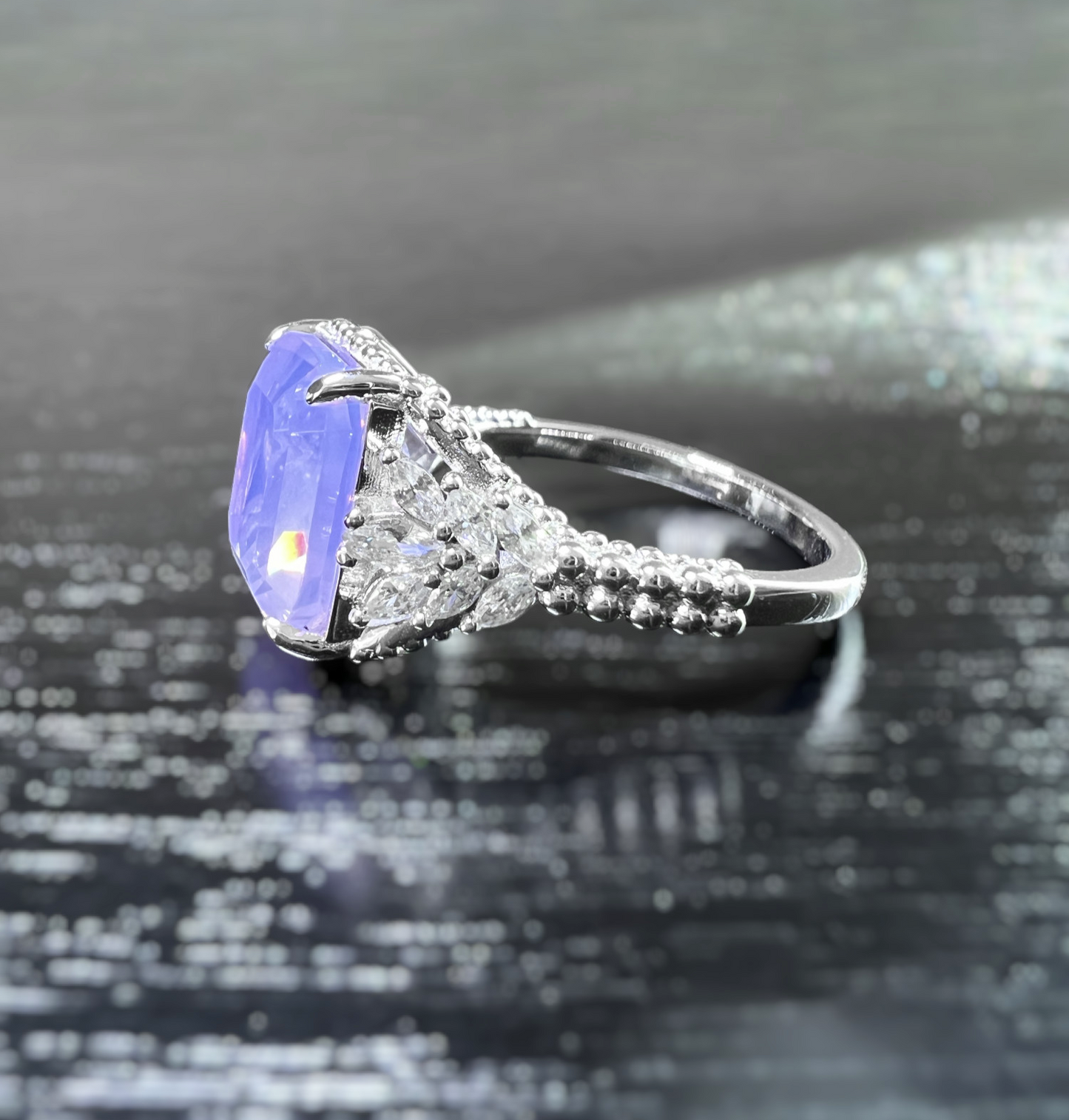 925 Sterling Silver Pink Moonstone Beaded Shank Ring