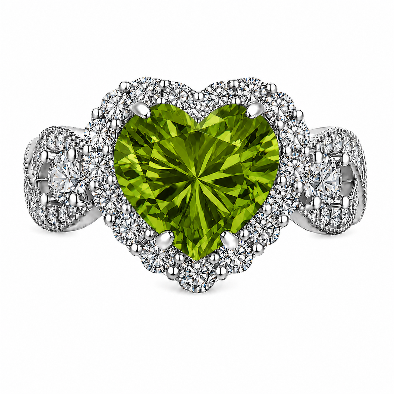 Peridot CZ Halo Heart  Ring – (Choose your plating)
