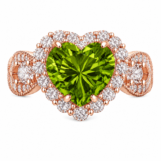 Peridot CZ Halo Heart  Ring – (Choose your plating)